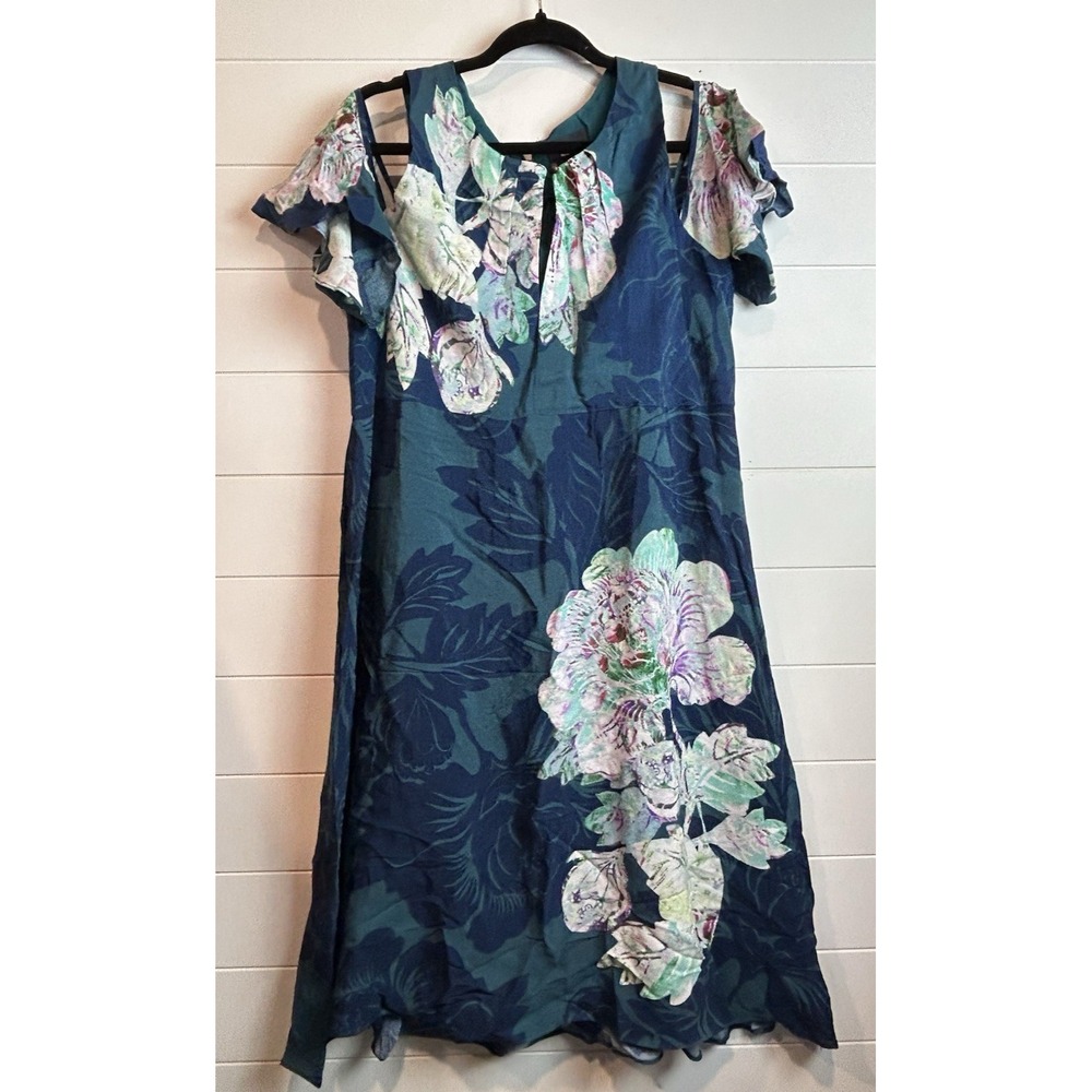 Maeve Cold Shoulder Midi Dress From Anthropologie Sz 16 Blue‎ Floral NWT